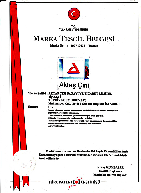 Aktaş Çini Marka Tescil Belgesi