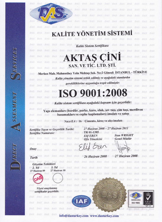 Aktaş Çini İso Belgesi